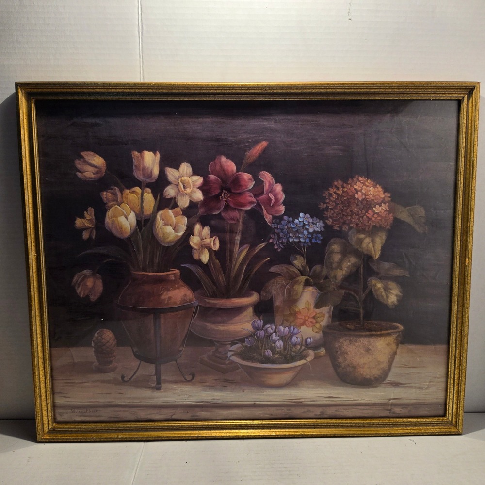 Vivian Flasch Framed Floral Still Life Art Print Gold Tone Frame 21x17